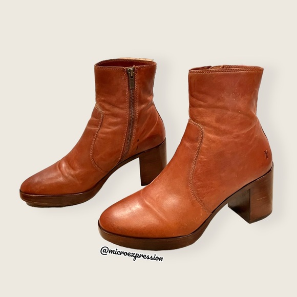 $389 Frye Joan Campus Cognac Brown Side Zip Leather Block Heel Cute Ankle Bootie - Picture 7 of 14